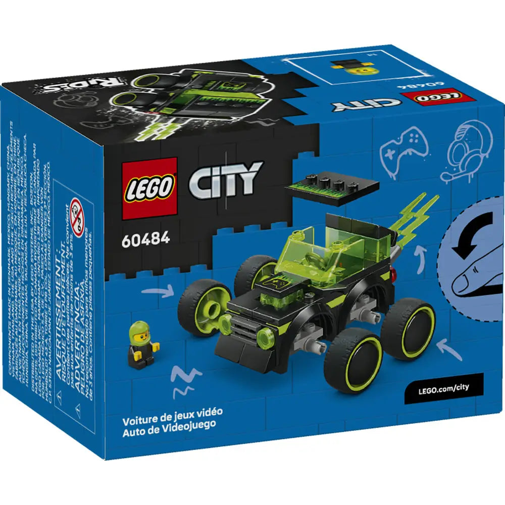 LEGO City Gaming Car package back displaying the blue LEGO City box with rear view of the black and neon green vehicle, play features, alternate angles, minifigure scene, and illustrated gaming-inspired graphics.