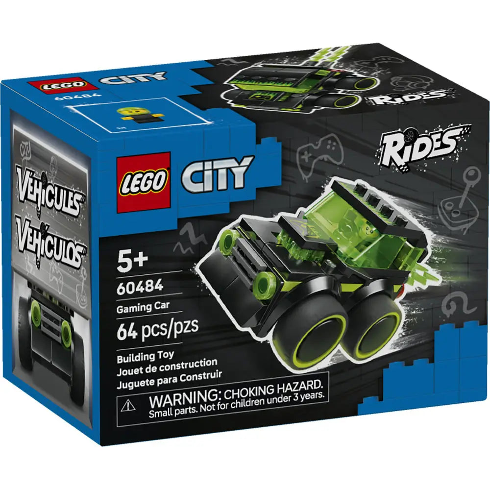 LEGO City Gaming Car box front featuring blue and black cardboard packaging, neon green accented gaming-style vehicle, minifigure driver, age 5+ label, piece count, and bold LEGO City branding.