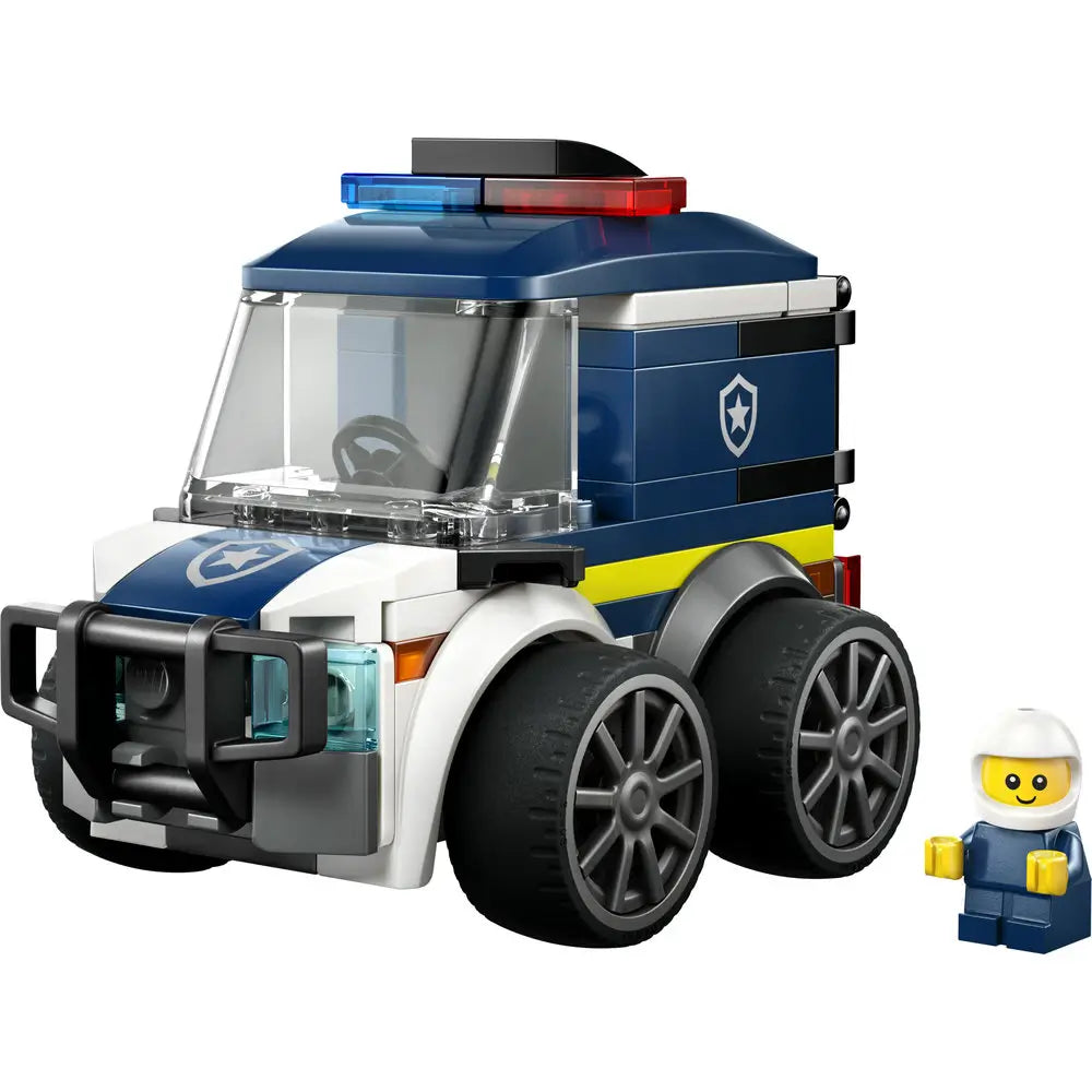 LEGO City Police Truck built from dark blue and white plastic bricks with smooth glossy surfaces, a boxy armored cab, clear windshield, red and blue light bar, large rugged wheels, and a police minifigure on a white background.