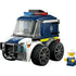LEGO City Police Truck built from dark blue and white plastic bricks with smooth glossy surfaces, a boxy armored cab, clear windshield, red and blue light bar, large rugged wheels, and a police minifigure on a white background.