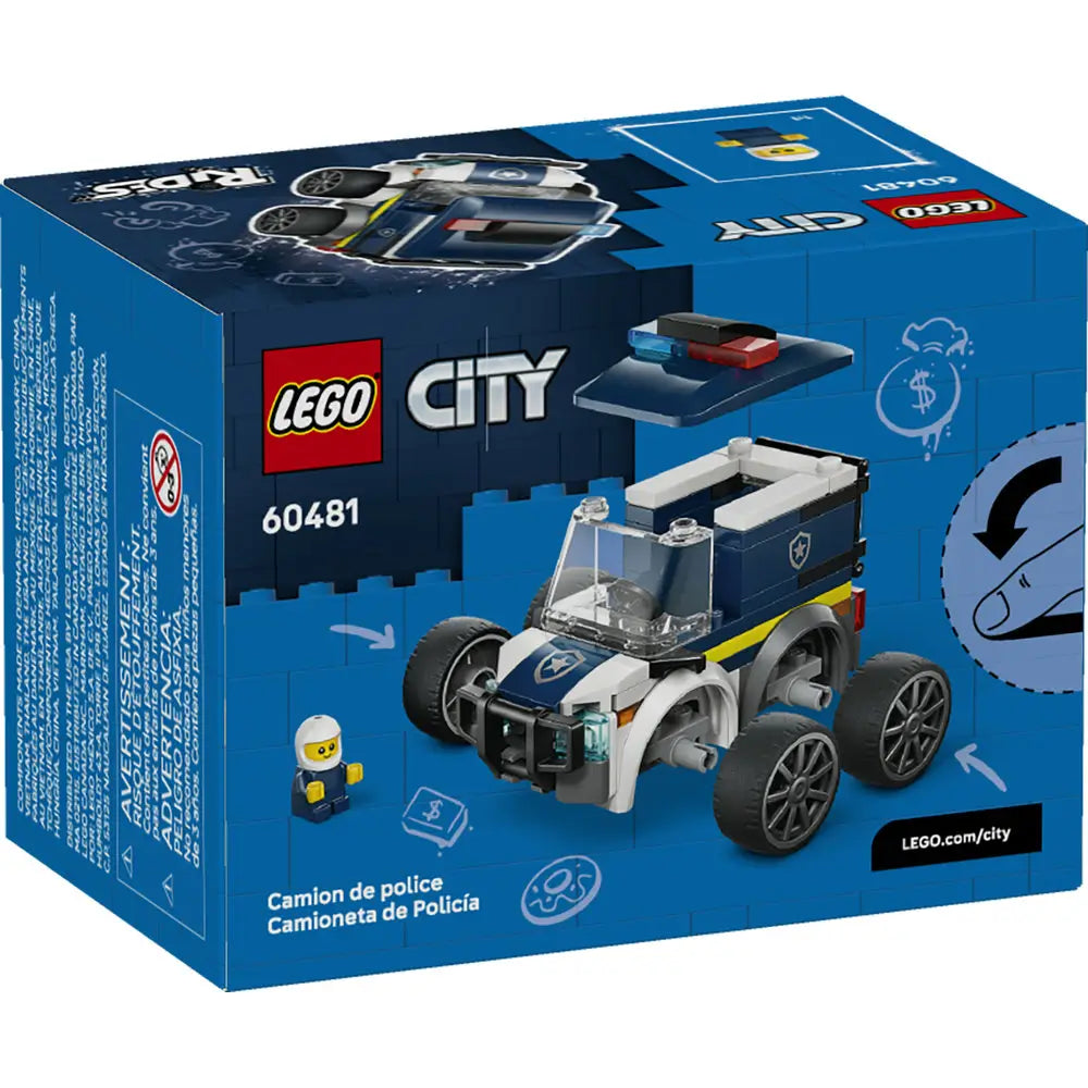 LEGO City Police Truck package back displaying the blue LEGO City box with rear view of the dark blue and white police truck, play features, alternate build details, minifigure scene, and illustrated law enforcement themed graphics.