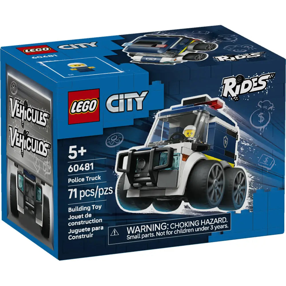 LEGO City Police Truck box front featuring blue cardboard packaging with action graphics, dark blue and white police truck model, minifigure officer, age 5+ label, piece count, warning text, and clear LEGO City branding.