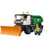 LEGO City snowplow truck toy featuring a white and green plastic utility truck with an orange front plow blade, chunky black wheels, winter service markings, and a worker minifigure.