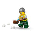 LEGO City snowplow worker minifigure shown with accessories, featuring a gray beanie, high-visibility safety vest, green work pants, handheld shovel tool, and white snow elements.