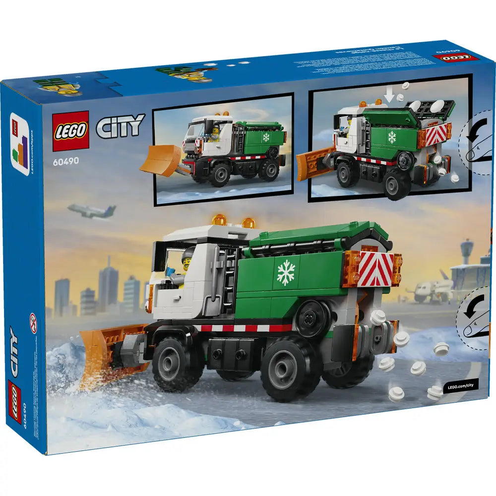 LEGO City Snowplow box back displaying illustrated play features, removable plow blade, rear salt spreader action, minifigure, build steps, and winter scenes on retail packaging.