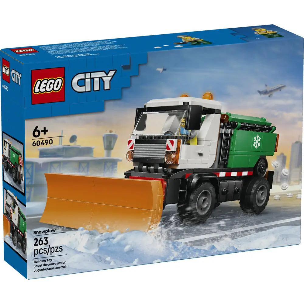 LEGO City Snowplow box front showing blue branded packaging with a white and green snowplow truck, large orange plow blade, winter airport background, and age 6+ building details.