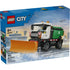 LEGO City Snowplow box front showing blue branded packaging with a white and green snowplow truck, large orange plow blade, winter airport background, and age 6+ building details.
