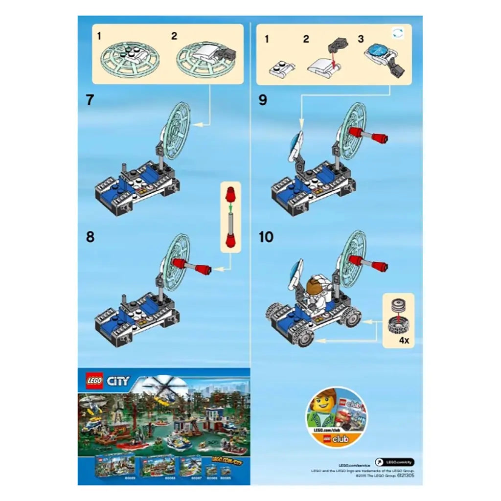 LEGO City Space Utility Vehicle 30315 instructions use blue printed panels to show steps 7–10 for adding the clear dish, antenna, scanner, astronaut and four wheels.