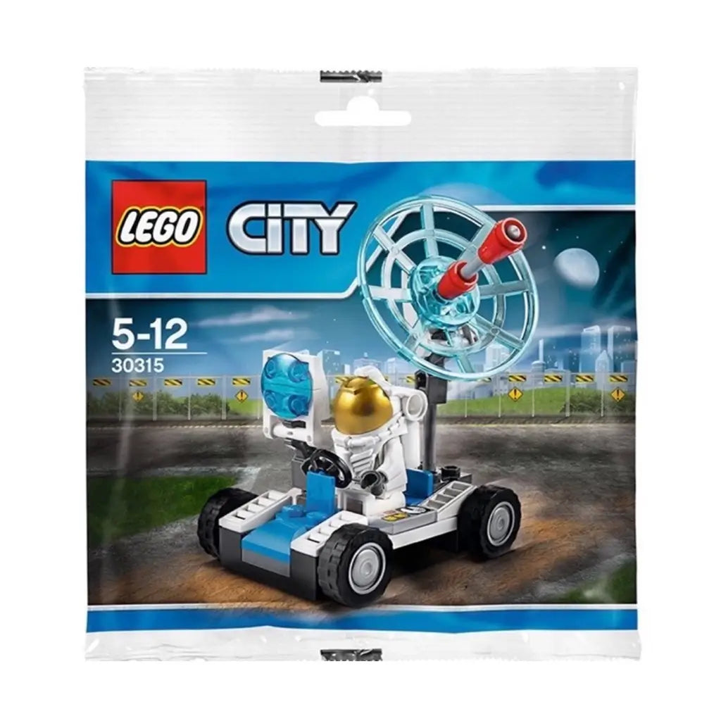 LEGO City Space Utility Vehicle 30315 polybag has blue and white plastic packaging showing the rover, clear dish and astronaut on a moonlit space facility scene.