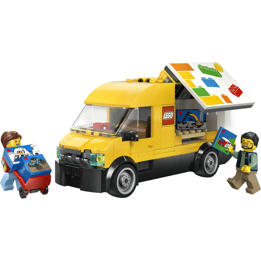 LEGO City yellow delivery van toy built from smooth plastic bricks, featuring a boxy vehicle shape, hinged cargo roof, rolling wheels, printed panels, and minifigures for delivery play.