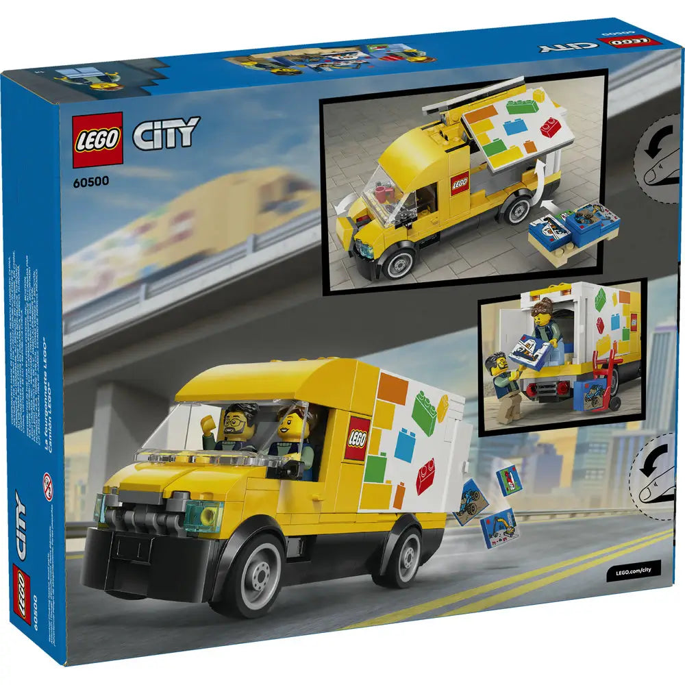 LEGO City delivery van box back displaying illustrated play features, interior cargo storage, delivery minifigures, accessory bricks, and action scenes printed on blue retail packaging.