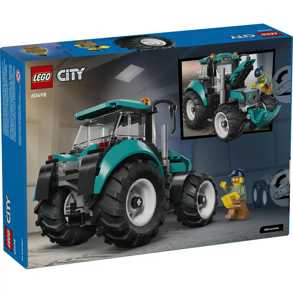 LEGO City Tractor box back displaying illustrated play features, removable cab sections, large rolling wheels, farmer minifigure, and farm action scenes printed on blue retail packaging.