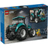 LEGO City Tractor box back displaying illustrated play features, removable cab sections, large rolling wheels, farmer minifigure, and farm action scenes printed on blue retail packaging.