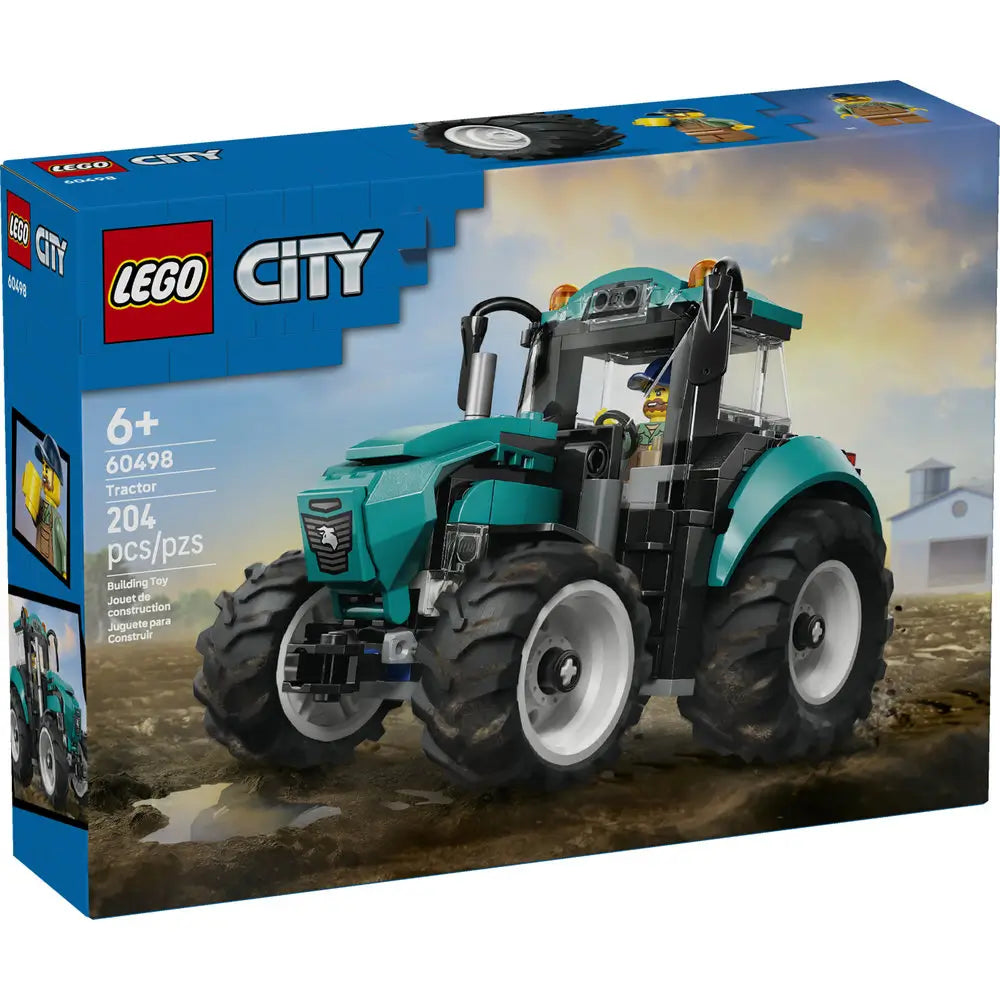 LEGO City Tractor box front showing blue branded packaging with a teal farm tractor, large rolling wheels, farmer minifigure, muddy field background, and age 6+ building toy details.
