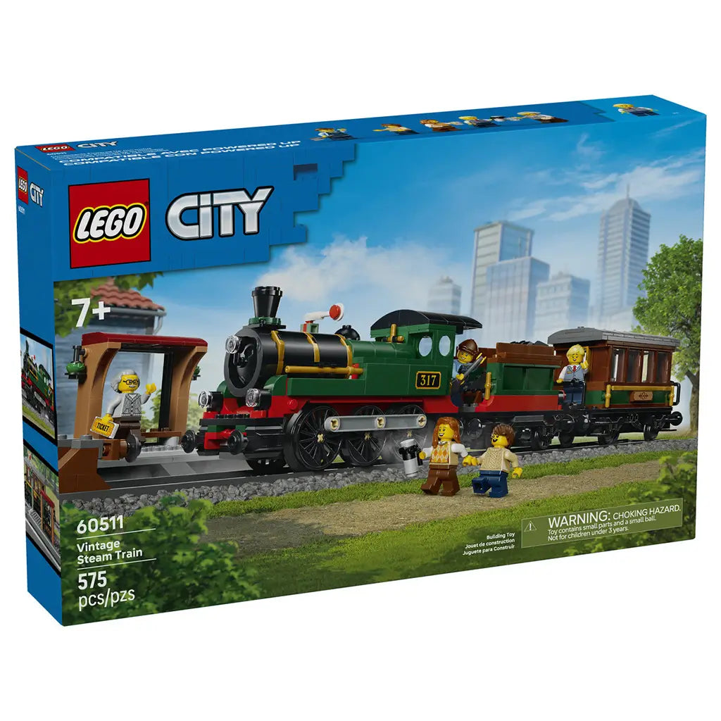 LEGO City Vintage Steam Train set 60511 box front in blue shows a green, black, and red brick locomotive, passenger car, station platform, and minifigures on railway track.