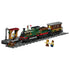 LEGO City Vintage Steam Train in green, black, red, brown, and gray plastic bricks features a locomotive, passenger car, station platform, track, signal, and minifigures.