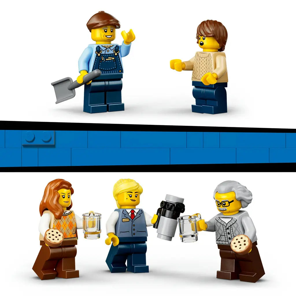 LEGO City Vintage Steam Train minifigures in blue, brown, tan, and gray outfits include a railway worker with shovel, passenger, server with carafe, and two travelers.