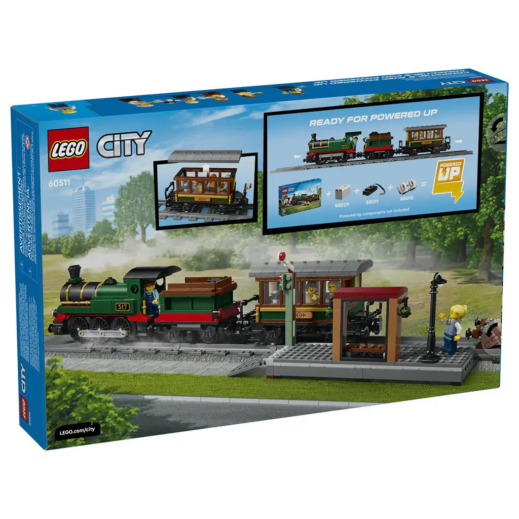 LEGO City Vintage Steam Train set 60511 box back in blue shows a green, black, and red plastic brick locomotive, passenger car, station platform, and Powered Up option.