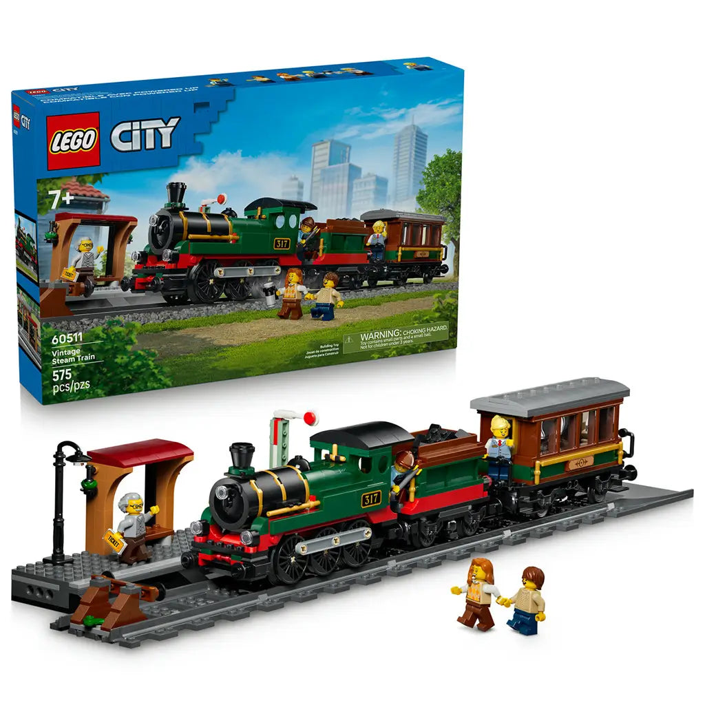 LEGO City Vintage Steam Train set 60511 pairs a blue 575-piece box with a green, black, and red locomotive, brown passenger car, station platform, track, and minifigures.