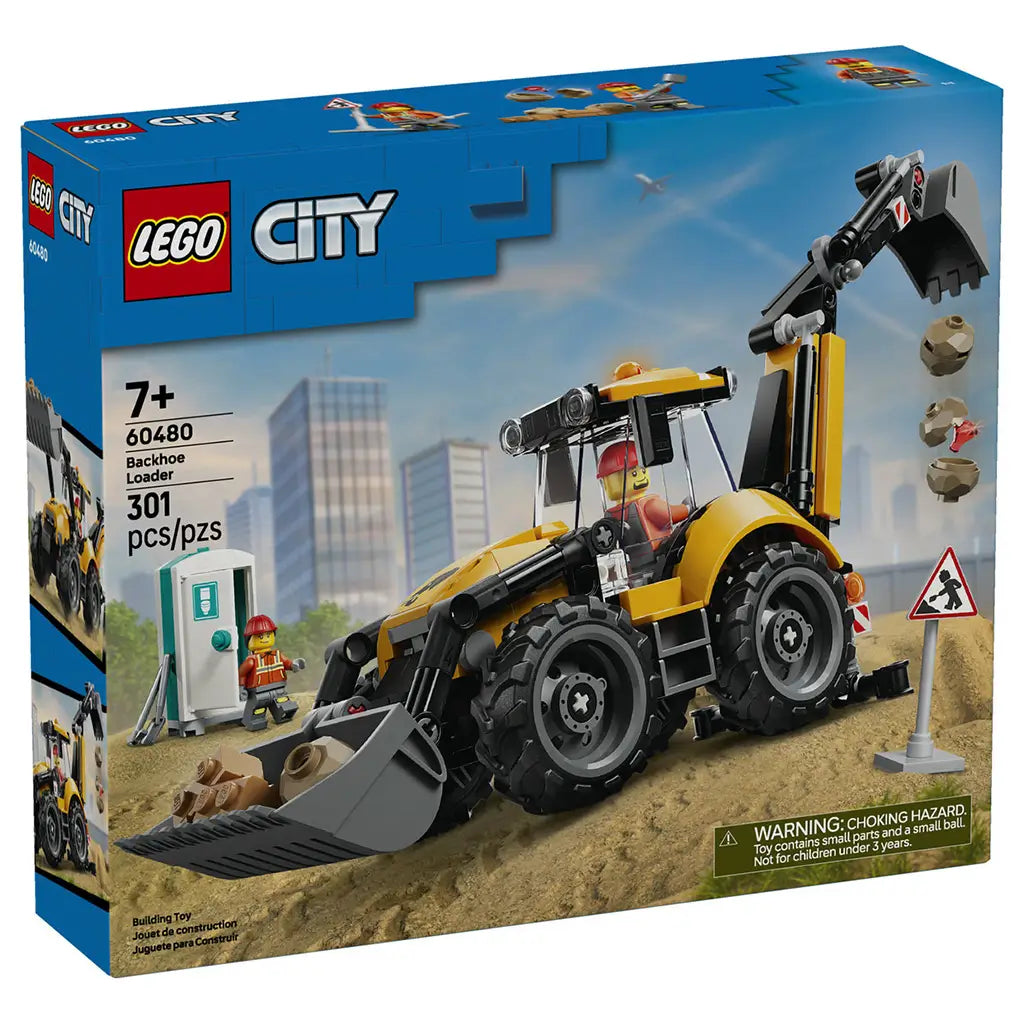 LEGO City Backhoe Loader 60480 box has blue cardboard packaging showing a yellow construction vehicle, two worker minifigures, 301-piece count and 7+ age mark.