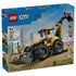 LEGO City Backhoe Loader 60480 box has blue cardboard packaging showing a yellow construction vehicle, two worker minifigures, 301-piece count and 7+ age mark.