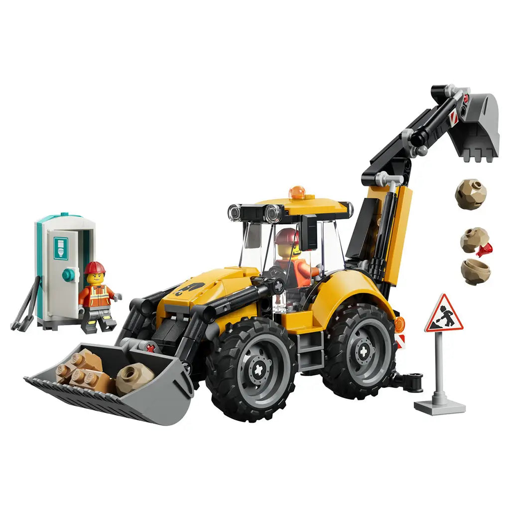 LEGO City Backhoe Loader toy features a yellow and black plastic construction vehicle with front bucket and rear excavator arm, two workers and accessories on white.