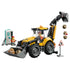LEGO City Backhoe Loader toy features a yellow and black plastic construction vehicle with front bucket and rear excavator arm, two workers and accessories on white.