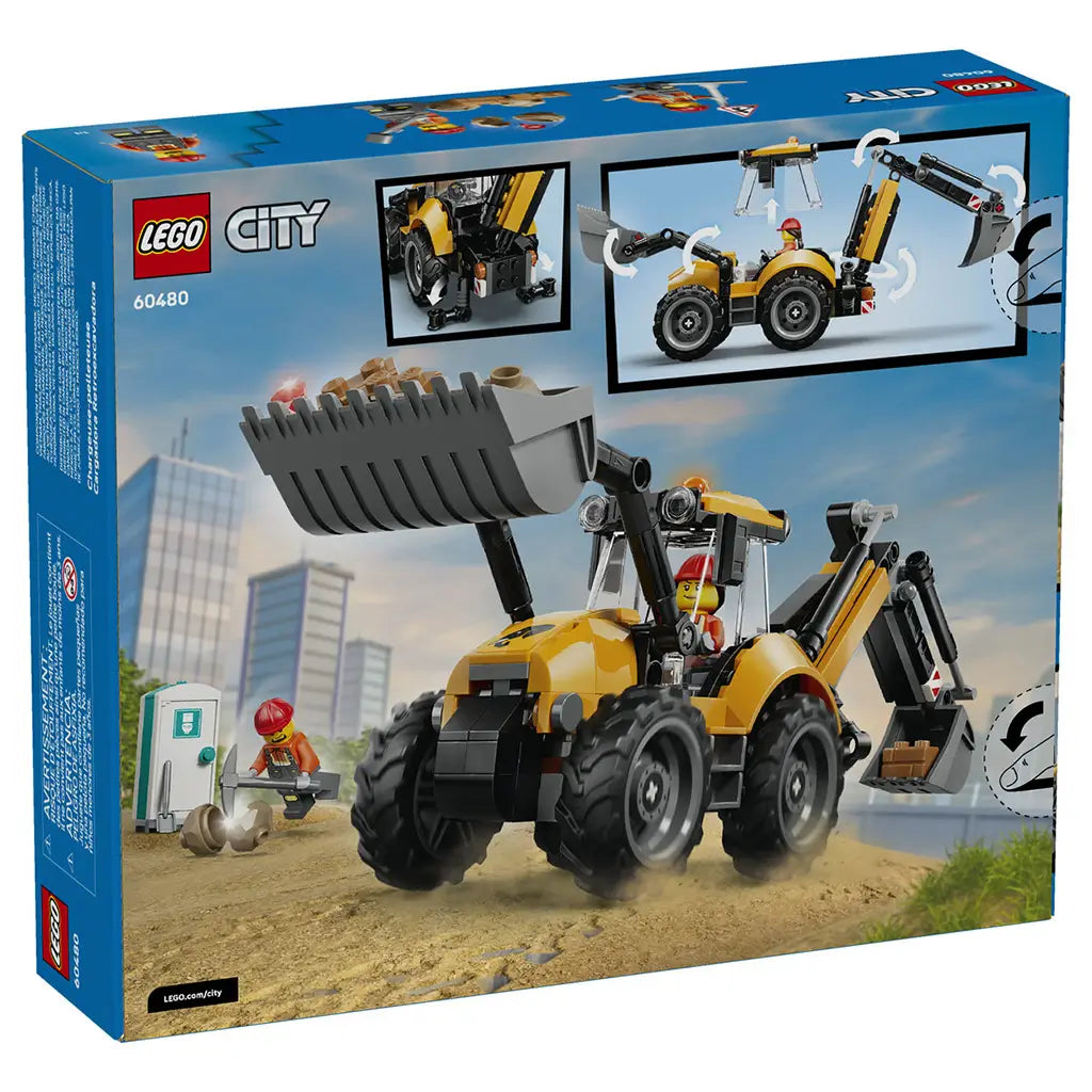LEGO City Backhoe Loader 60480 box back uses blue cardboard graphics to show the yellow construction vehicle, two worker minifigures and moving loader features.