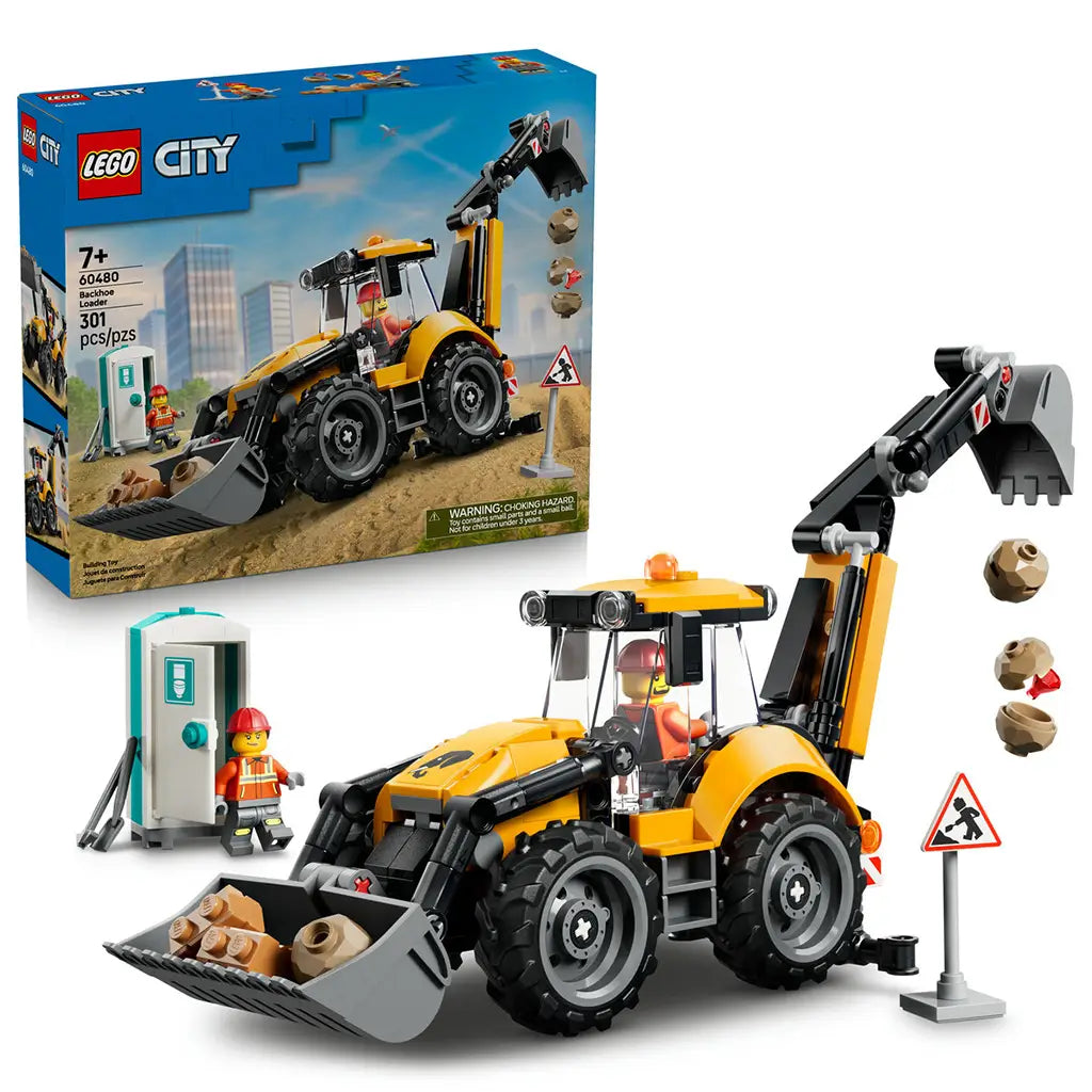 LEGO City Backhoe Loader 60480 set features a yellow and black plastic construction vehicle, two worker minifigures, portable toilet and road sign on white.