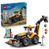 LEGO City Backhoe Loader 60480 set features a yellow and black plastic construction vehicle, two worker minifigures, portable toilet and road sign on white.