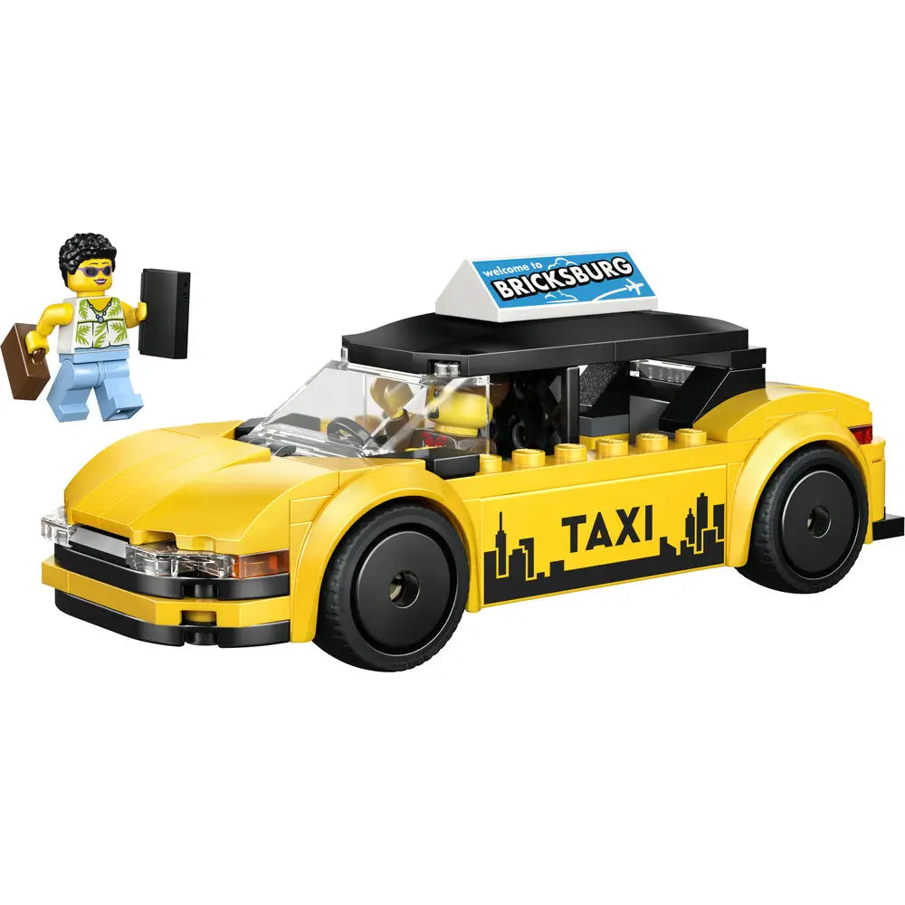 LEGO City yellow taxi toy car built from bright yellow plastic bricks with smooth curved body, black wheels, city skyline graphics, and roof taxi sign, designed for imaginative urban play against a clean white background.