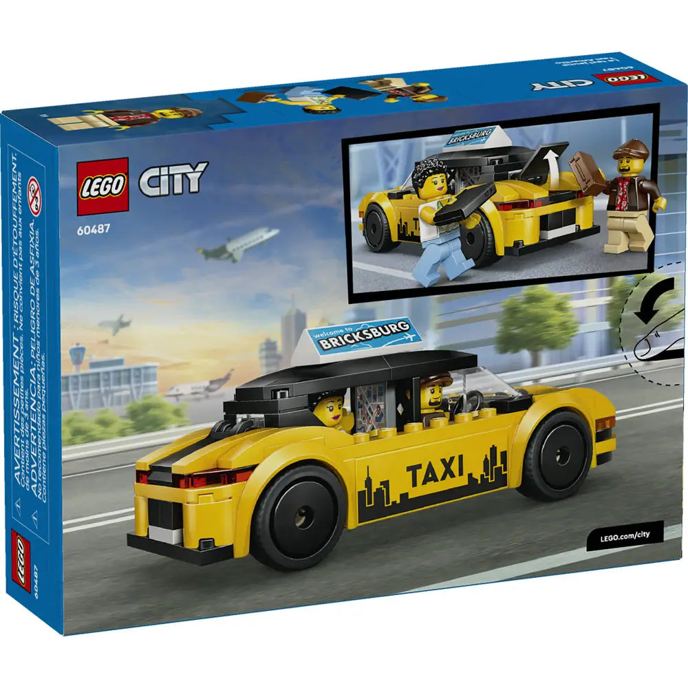 LEGO City Yellow Taxi box back showing play features, opening trunk, minifigures, and action scenes with the yellow brick taxi car in a detailed city airport setting.