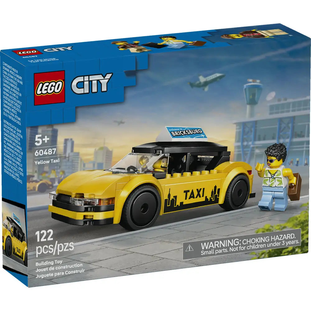 LEGO City Yellow Taxi box front featuring a yellow brick-built taxi with black wheels, minifigure driver, and city backdrop, highlighting the 122 piece building toy set for kids ages five and up.