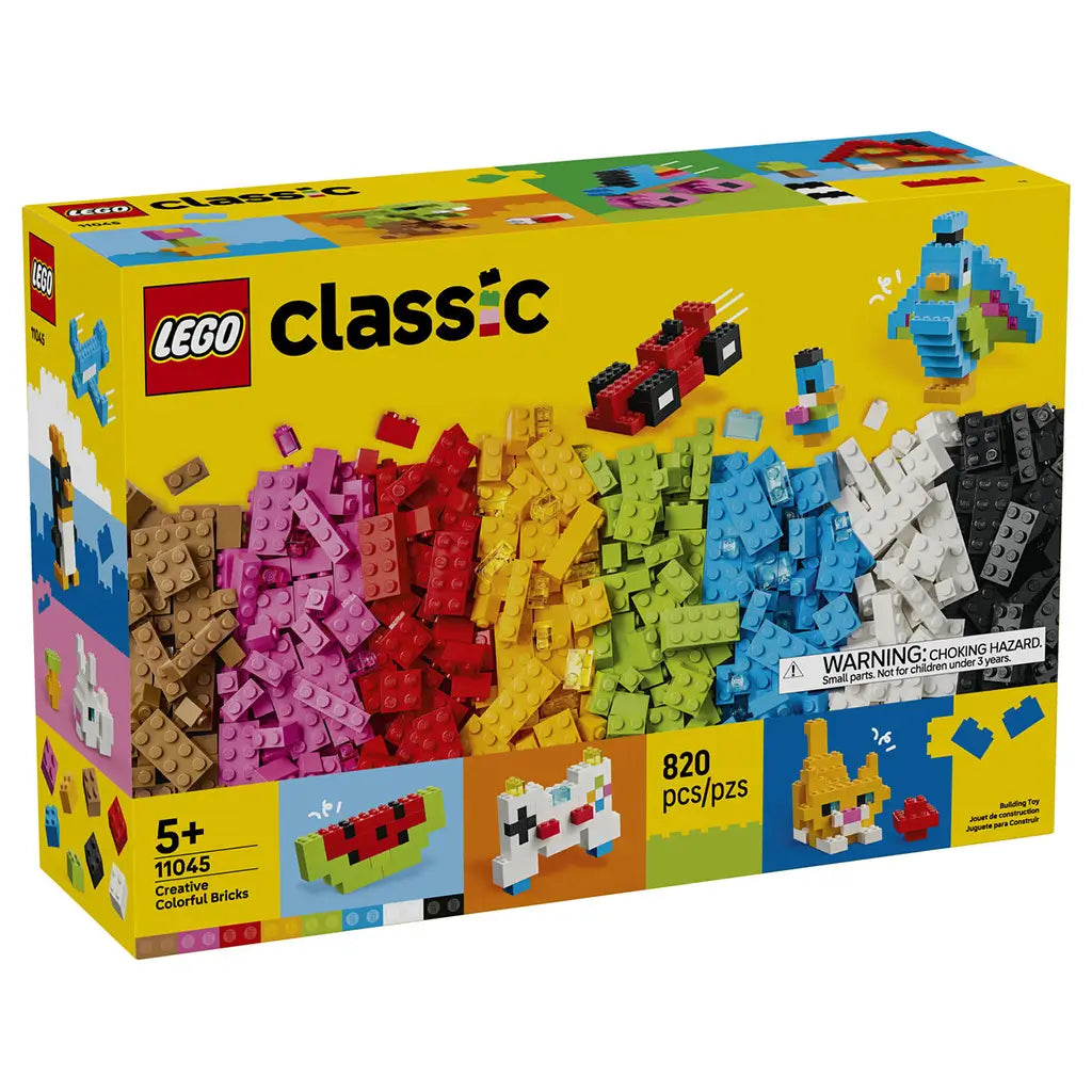 LEGO Classic Creative Colorful Bricks set 11045 box front in yellow displays 820 multicolor plastic pieces with sample builds including a race car, bird, cat, and game controller.