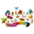 LEGO Classic colorful bricks in brown, pink, red, yellow, green, blue, white, and black plastic form animals, vehicles, food, a house, and loose pieces on a white background.