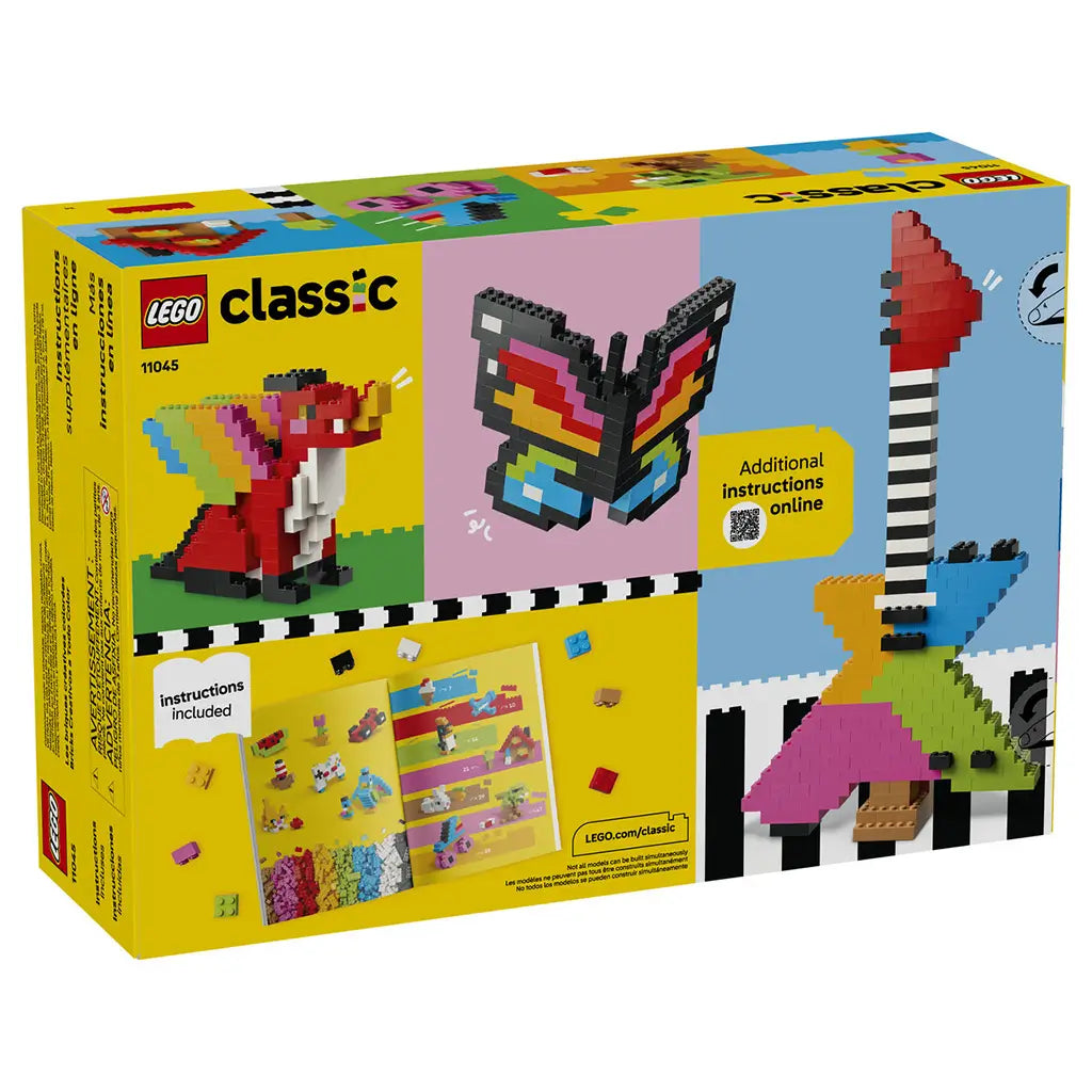 LEGO Classic Creative Colorful Bricks set 11045 box back in yellow shows multicolor plastic brick models including a dragon, butterfly, bird, and instruction booklet.