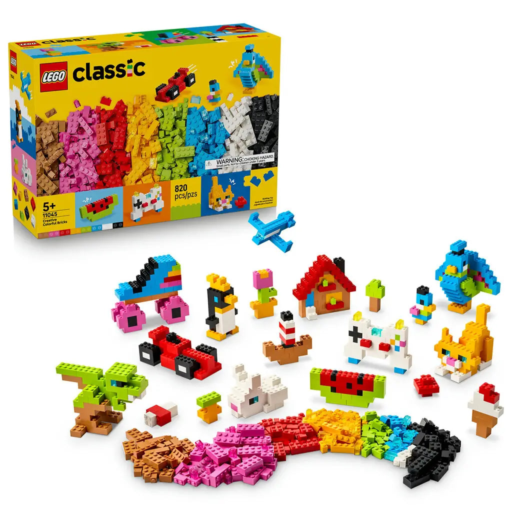 LEGO Classic Creative Colorful Bricks set 11045 pairs a yellow 820-piece box with multicolor plastic brick builds of animals, vehicles, food, a house, and loose pieces.
