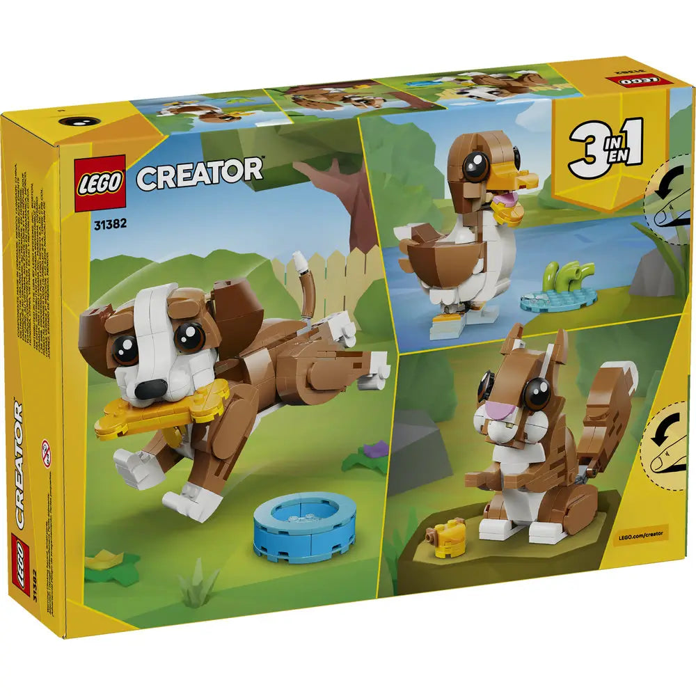 LEGO Creator Playful Puppy package back showing multiple build options including a running dog, sitting puppy, and duck, all made from brown and white plastic bricks on illustrated outdoor scenes.