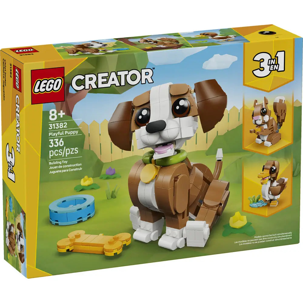 LEGO Creator Playful Puppy box front showing a brown and white brick-built dog with rounded shapes, glossy plastic texture, accessories, and outdoor illustrated background on bright yellow packaging.