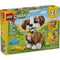 LEGO Creator Playful Puppy box front showing a brown and white brick-built dog with rounded shapes, glossy plastic texture, accessories, and outdoor illustrated background on bright yellow packaging.