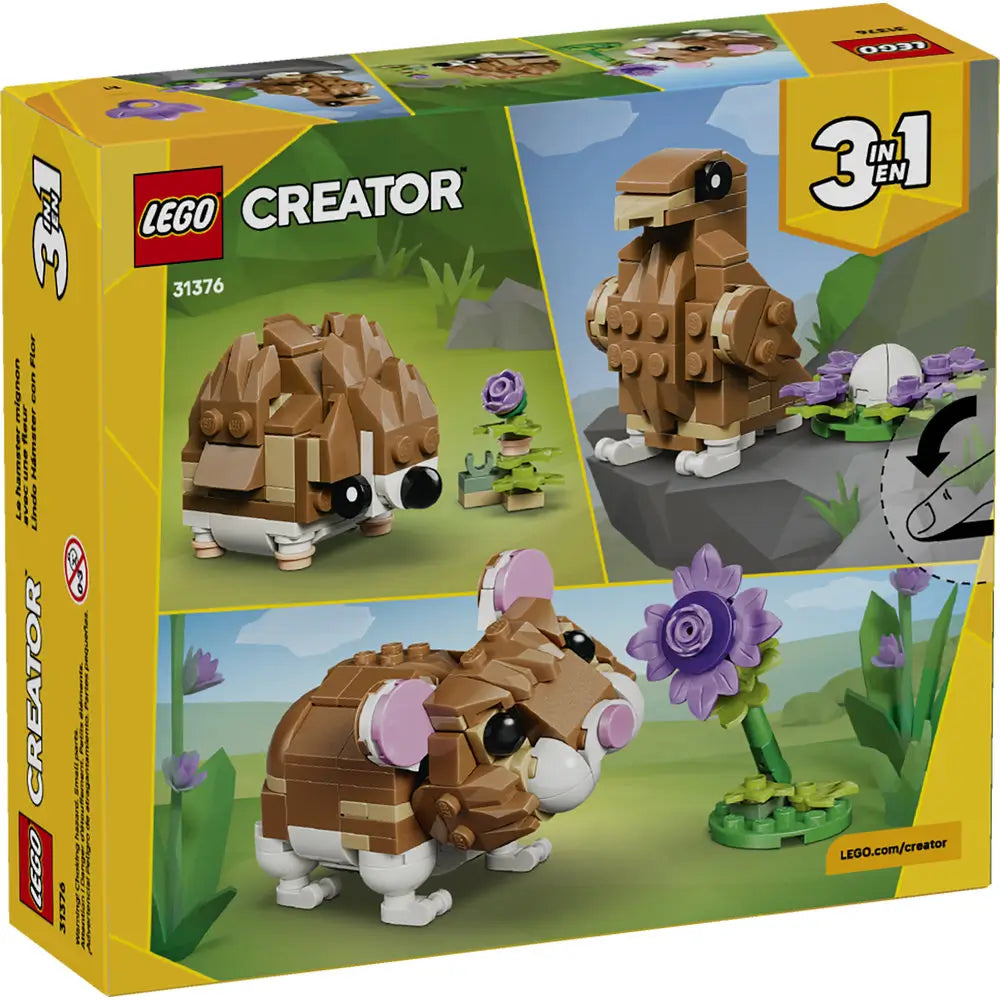 LEGO Creator Cute Hamster with a Flower package back showing three build options including a hamster, alternate animal, and small creature, all built from tan and white plastic bricks in illustrated nature scenes.