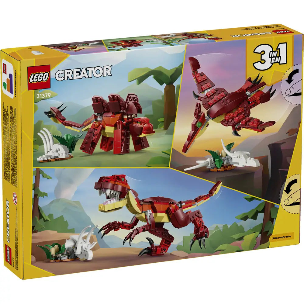 LEGO Creator Fierce Dinosaur package back showing three build options including a dinosaur, flying reptile, and alternate creature, all built from red and yellow plastic bricks in illustrated prehistoric environments.