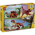 LEGO Creator Fierce Dinosaur package back showing three build options including a dinosaur, flying reptile, and alternate creature, all built from red and yellow plastic bricks in illustrated prehistoric environments.