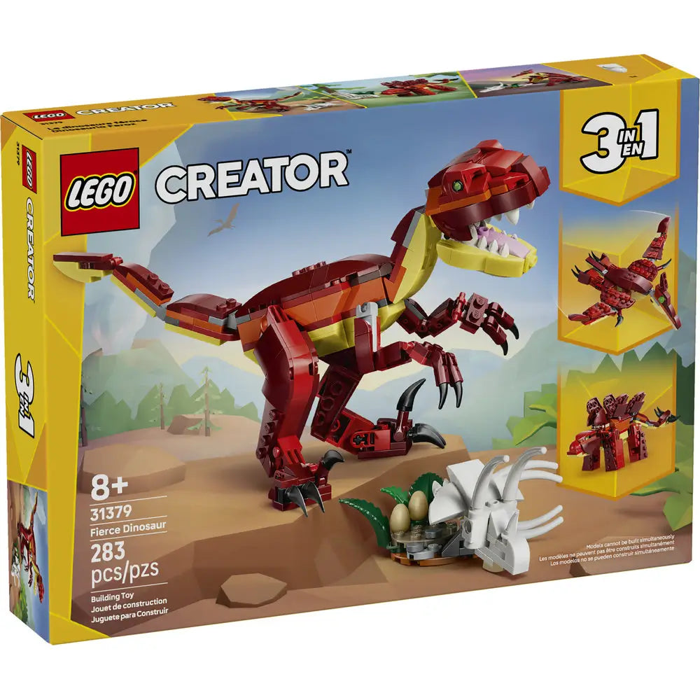LEGO Creator Fierce Dinosaur box front showing a red and yellow brick-built dinosaur with sharp teeth, articulated limbs, clawed feet, and prehistoric scenery illustrated on bright yellow retail packaging.