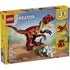 LEGO Creator Fierce Dinosaur box front showing a red and yellow brick-built dinosaur with sharp teeth, articulated limbs, clawed feet, and prehistoric scenery illustrated on bright yellow retail packaging.