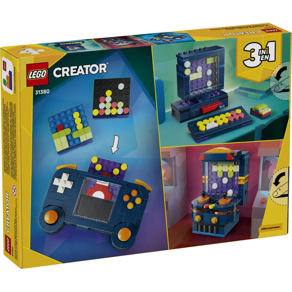 LEGO Creator retro gaming console package back showing three build options including a handheld console, TV gaming display, and arcade cabinet, all built from dark blue plastic bricks with colorful button and screen details.
