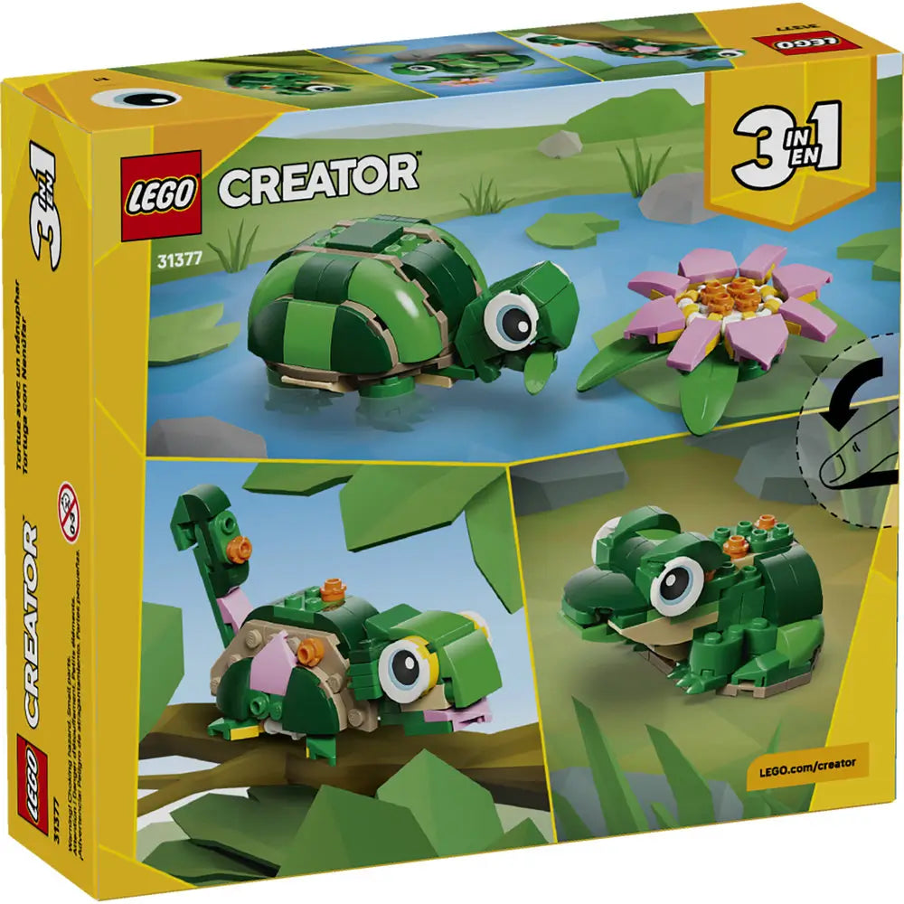LEGO Creator Turtle with a Water Lily package back showing three build options including a turtle, frog, and alternate reptile, all constructed from green plastic bricks in illustrated nature scenes.