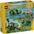 LEGO Creator Turtle with a Water Lily package back showing three build options including a turtle, frog, and alternate reptile, all constructed from green plastic bricks in illustrated nature scenes.