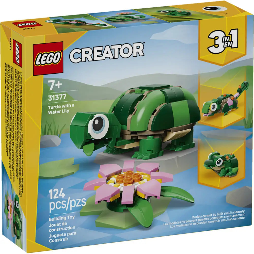LEGO Creator Turtle with a Water Lily box front showing a green brick-built turtle with a rounded shell, smooth plastic texture, and pink flower accessory illustrated on bright yellow retail packaging.