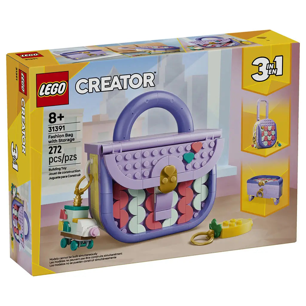 LEGO Creator Fashion Bag 31391 box in yellow and pastel tones, showing the 272-piece 3-in-1 lavender handbag with storage, roller skate charm, key charm and alternate builds.
